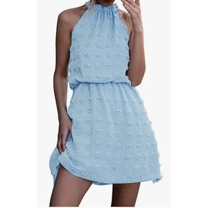 Sky blue swiss dot halter mini dress size small, party or wedding guest dress